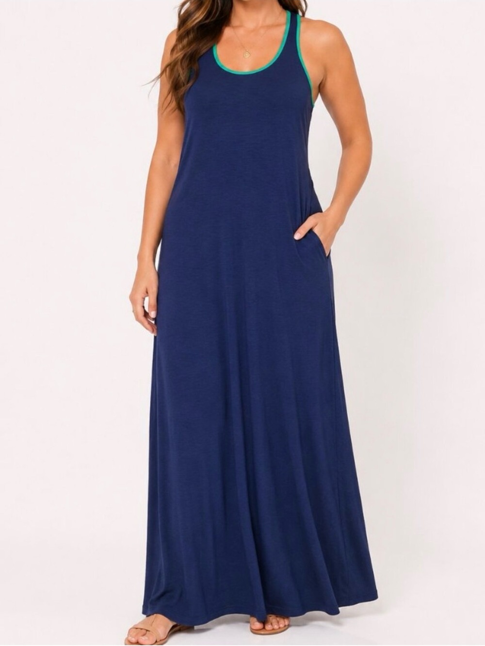 Lilly Pulitzer Treena Pima Cotton Racerback Maxi Dress Navy Green Trim XS Resort - Picture 5 of 9